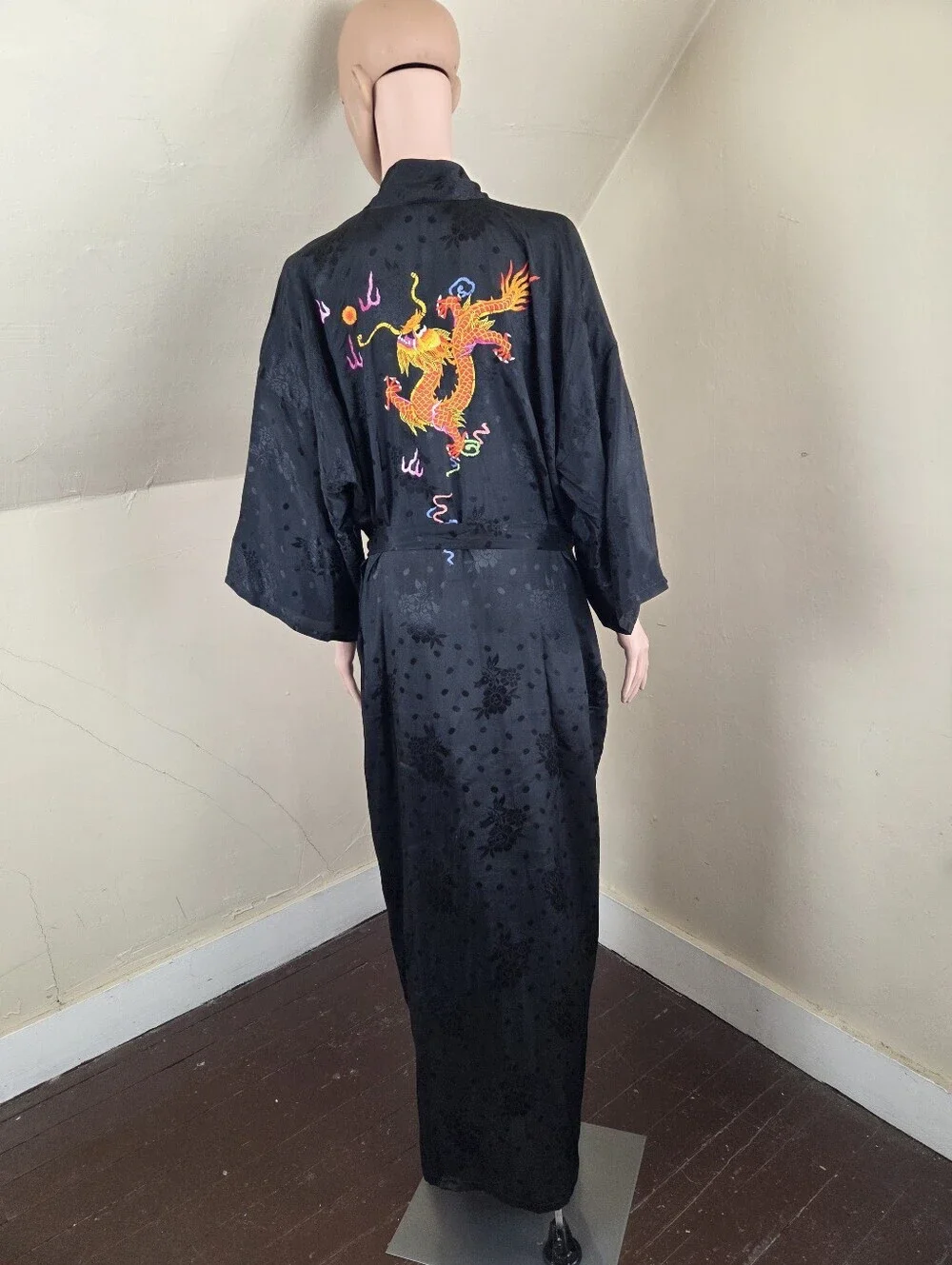 Golden Bee‎ Black Dragon Embroidered Rayon Kimono Robe Sz L Floral Jacquard Long
